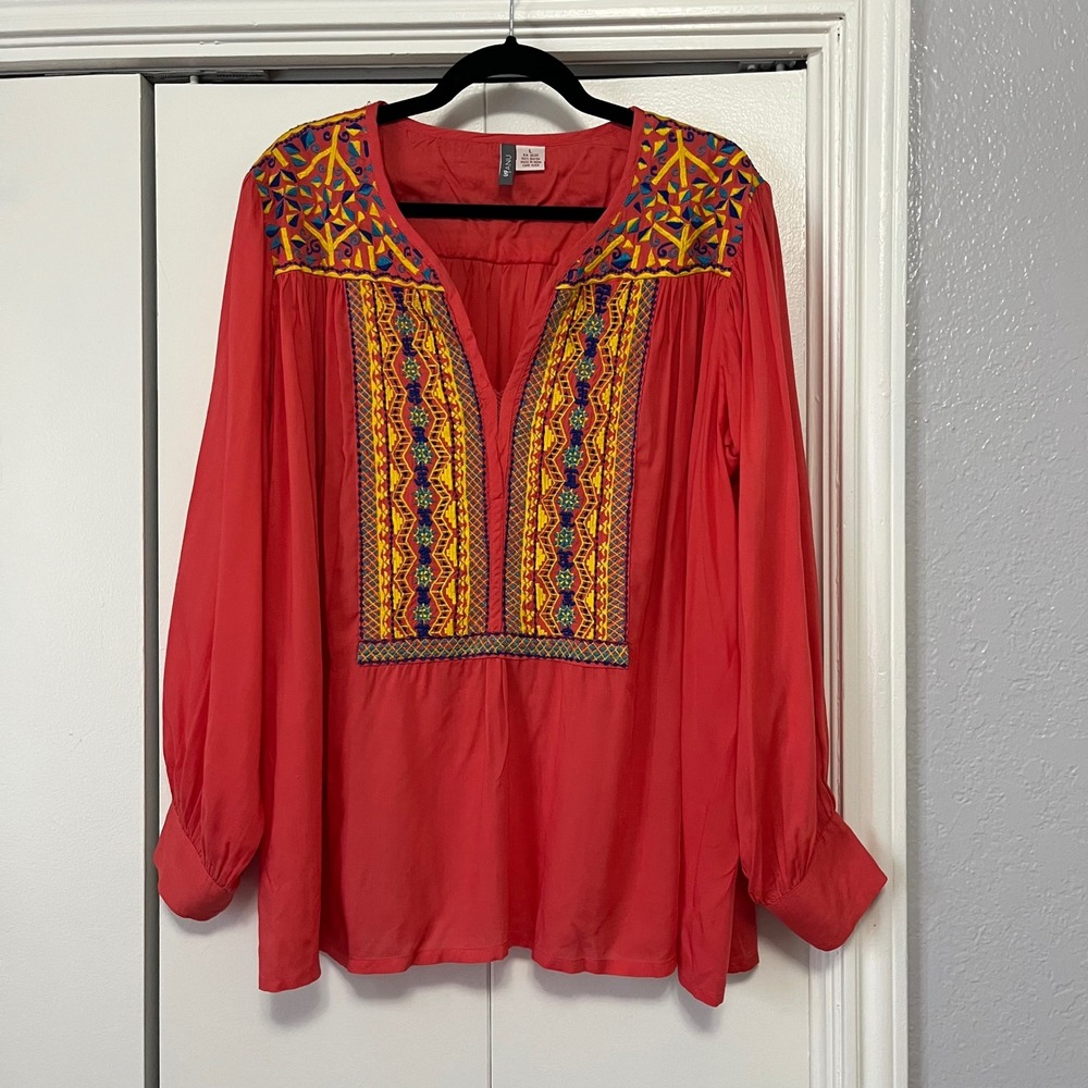Anu Red Embroidered V‎ Neck Long Sleeve Tunic Top Women Size L